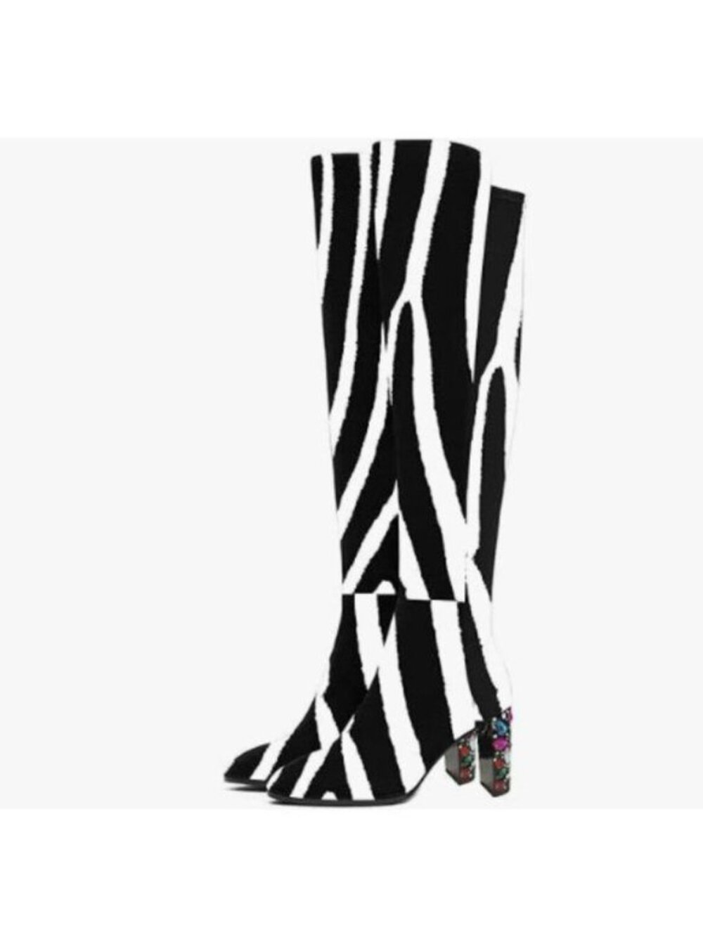 YDN Women Round Toe Knee High Boots Rhinestone Block Mid Heel Riding Boots Zebra